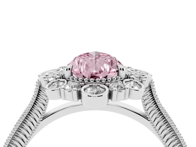 Fancy Pink Pear Cut Diamond Halo Milgrain Pavé Ring Set in Platinum with Prong Setting
