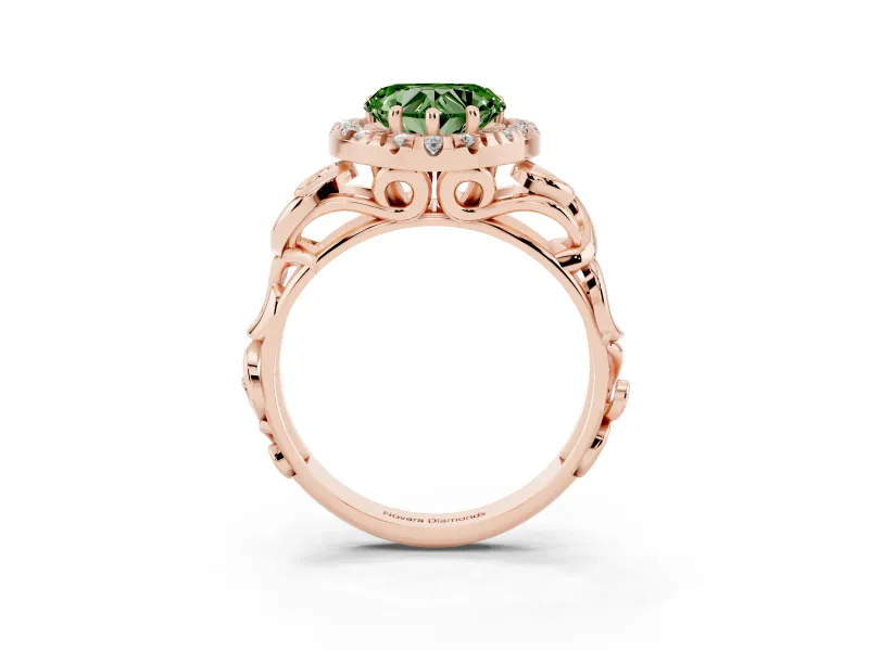 Fancy Green Heart Cut Diamond Halo Ring Set in Rose gold with Scrollwork Band and Prong Setting