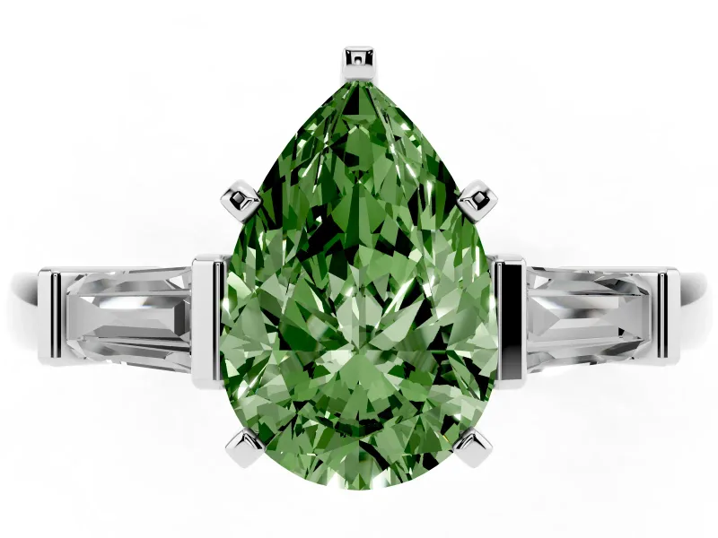 Pear-Shaped Three-Stone Ring Setting for a Fancy Green Lab-Grown Diamond | Tapered Baguettes | Sterling Silver