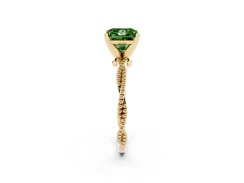 Princess Cut Twisted Engagement Ring Setting for a Fancy Green Lab-Grown Diamond | Beaded Twist | Yellow Gold