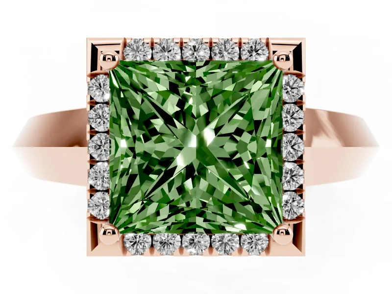 Fancy Green Princess Cut Diamond Halo Ring Set in Rose gold with Cathedral Band and Prong Setting