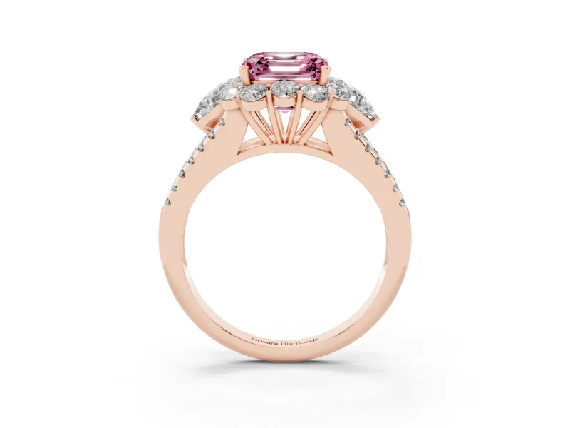Asscher Cut Scalloped Halo Engagement Ring Setting for a Fancy Pink Lab-Grown Diamond | Pear Side Stones | Rose Gold