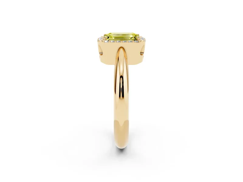 Fancy Yellow Emerald Cut Diamond Halo Engagement Ring Set in Yellow gold with Plain Split Shank and Prong Setting