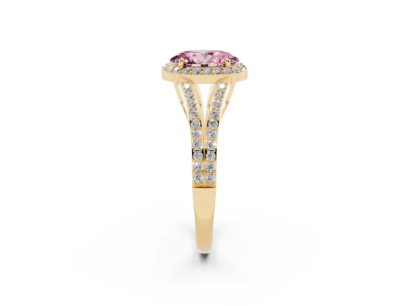 Oval Split Shank Halo Engagement Ring Setting for a Fancy Pink Lab-Grown Diamond | Yellow Gold