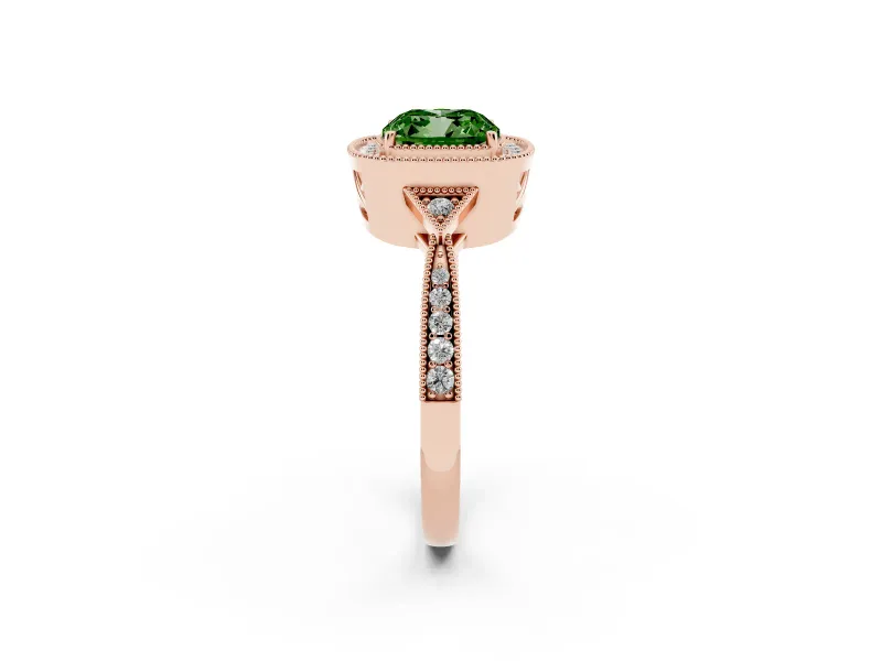 Fancy Green Cushion Cut Diamond Halo Engagement Ring Set in Rose gold with Milgrain Pavé Band