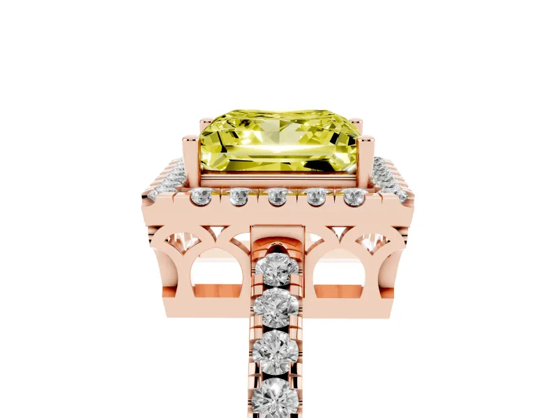 Princess Cut Halo Engagement Ring Setting for a Fancy Yellow Lab-Grown Diamond | Shared Prong Pavé Band | Rose Gold