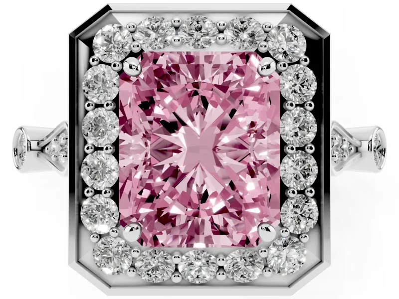 Radiant Cut Vintage Halo Engagement Ring Setting for a Fancy Pink Lab-Grown Diamond | Bezel Station Shoulders | Platinum