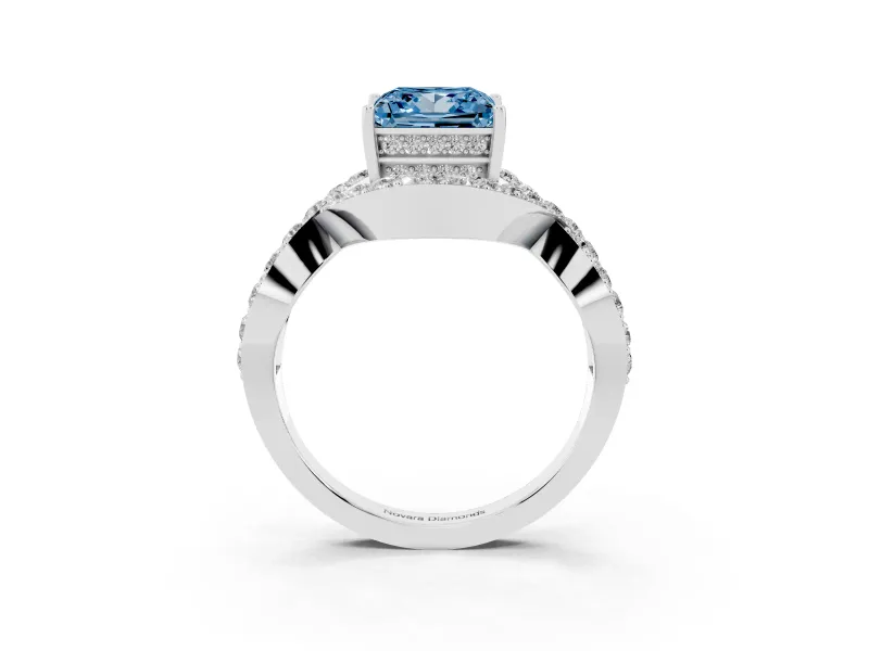 Fancy Blue Princess Cut Diamond Solitaire Twist Band Pavé Engagement Ring Set in Silver