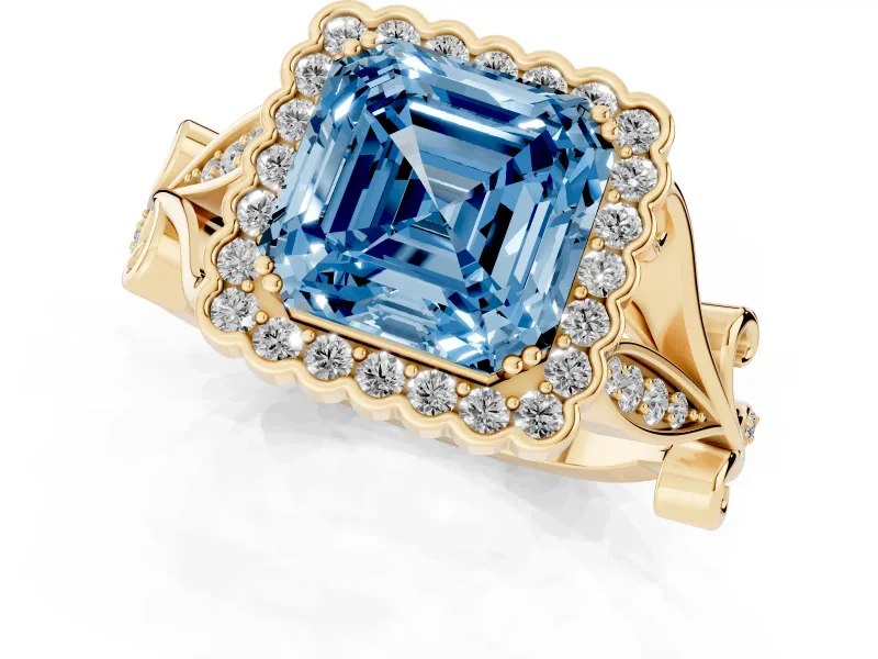 Asscher Cut Leaf Halo Engagement Ring Setting for a Fancy Blue Lab-Grown Diamond | Yellow Gold
