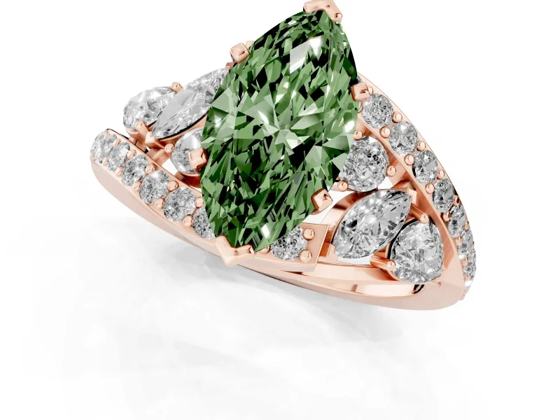 Fancy Green Marquise Cut Diamond Halo Ring Set in Rose gold with Marquise and Pavé Band in Prong Setting