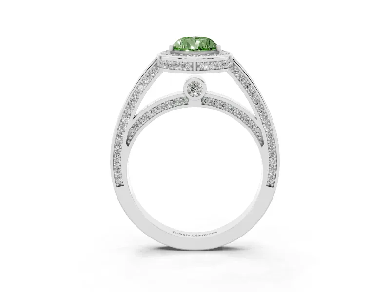 Fancy Green Pear Cut Diamond Halo Pavé Split Shank Ring Set in White gold with Prong Setting