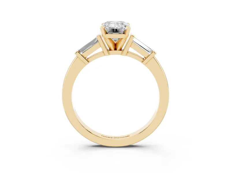 Emerald Cut Diamond Solitaire Ring Set in Yellow gold with Tapered Baguette Accents and Prong Setting