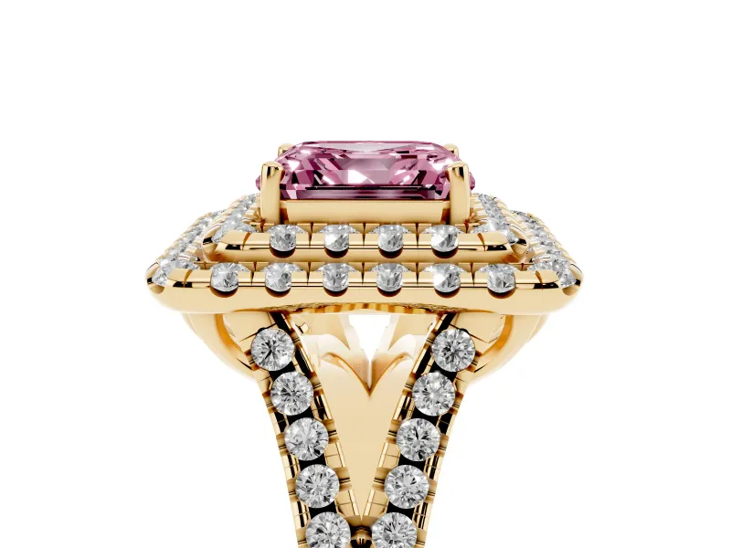 Asscher Cut Halo Split Shank Engagement Ring Setting for a Fancy Pink Lab-Grown Diamond | Pavé Strands | Yellow Gold
