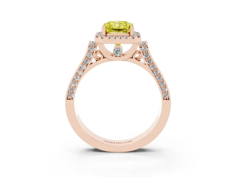Radiant Cut Halo Engagement Ring Setting for a Fancy Yellow Lab-Grown Diamond | Pavé Panel Shoulders | Rose Gold