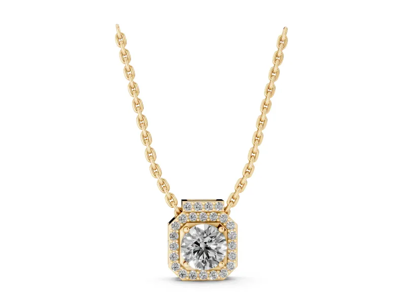 Round Lab-Grown Diamond Octagonal Halo Pendant Necklace | Pavé Bar Bail | Yellow Gold