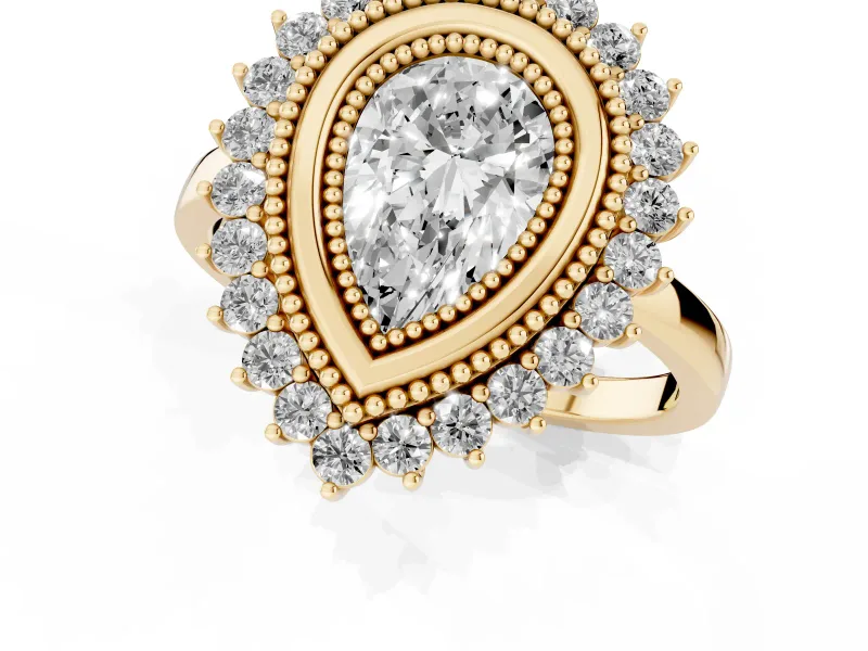 Pear-Shaped Vintage Milgrain Bezel Halo Engagement Ring Setting | Sunburst Halo | Yellow Gold