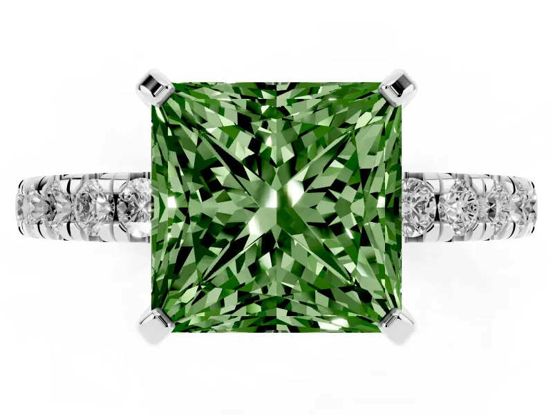Princess Cut Pavé Solitaire Engagement Ring Setting for a Fancy Green Lab-Grown Diamond | Shared Prong Band | Platinum