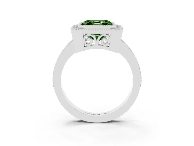 Fancy Green Asscher Cut Diamond Halo Ring Set in Platinum with Pavé Band and Milgrain-Edged Prongs
