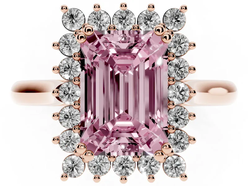 Fancy Pink Emerald Cut Diamond Halo Ring Set in Rose gold with Plain Solitaire Band and Prong Setting