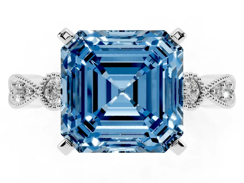 Fancy Blue Asscher Cut Diamond Solitaire Engagement Ring Set in Silver with Milgrain Bezel Accent Band