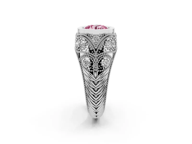 Fancy Pink Round Cut Diamond Bezel Ring Set in White gold with Milgrain Accent Band