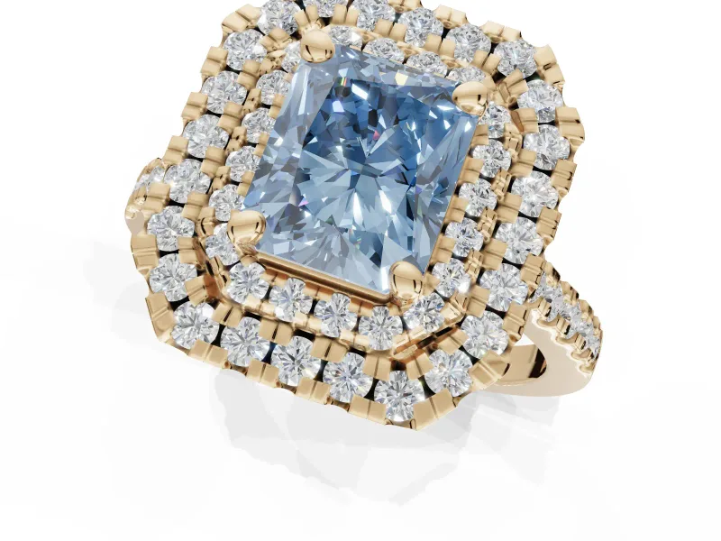 Fancy Blue Radiant Cut Lab-Grown Diamond Double Halo Statement Ring Set in Yellow Gold with Pavé Band