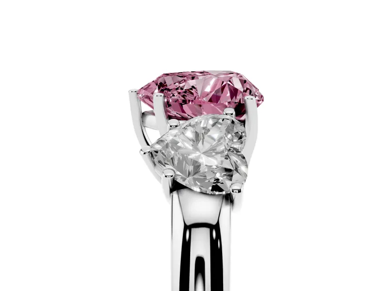 Heart-Shaped Three Stone Engagement Ring Setting for a Fancy Pink Lab-Grown Diamond | Matching Side Stones | White Gold