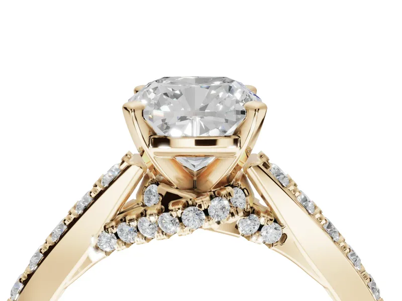 Cushion Cut Pavé Solitaire Engagement Ring Setting | Crossover Gallery | Yellow Gold