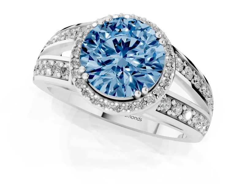 Round Halo Engagement Ring Setting for a Fancy Blue Lab-Grown Diamond | Split Shank | Platinum