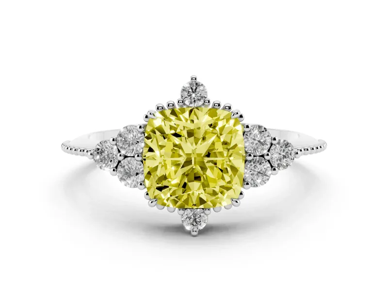Fancy Yellow Cushion Cut Diamond Cluster Ring Set in Platinum with Beaded Band