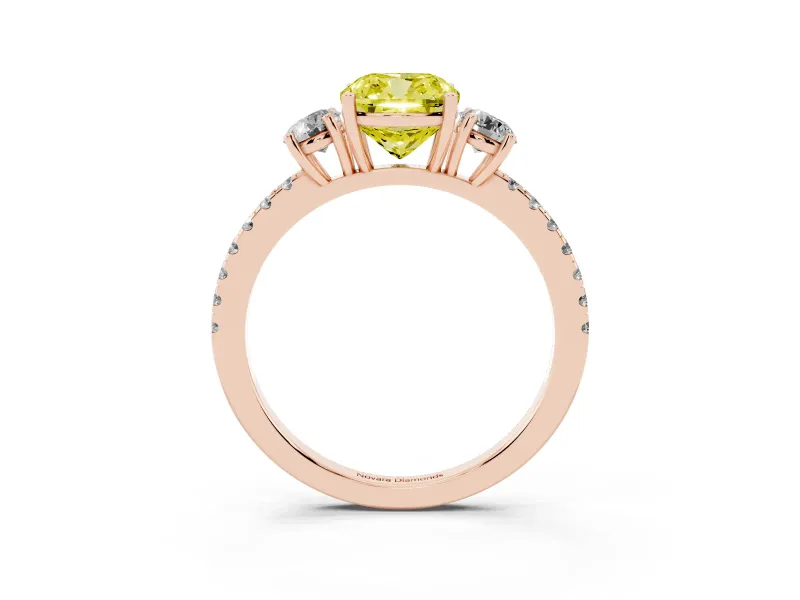 Cushion Cut Three Stone Engagement Ring Setting for a Fancy Yellow Lab-Grown Diamond | Pave Shoulders | Rose Gold