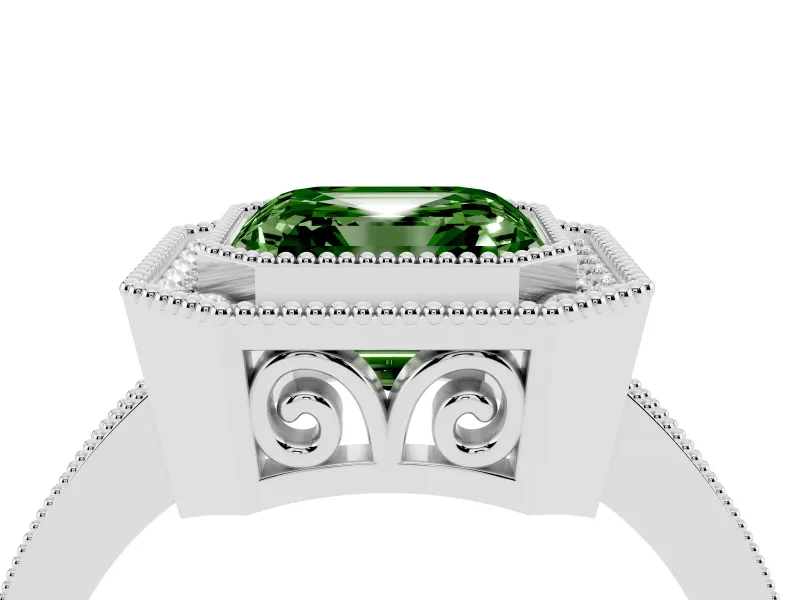 Fancy Green Asscher Cut Diamond Halo Ring Set in Silver with Pavé Band and Milgrain-Edged Prongs