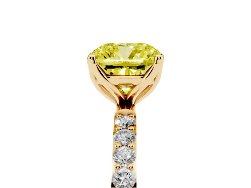 Cushion Cut Pave Solitaire Engagement Ring Setting for a Fancy Yellow Lab-Grown Diamond | Slim Band | Yellow Gold