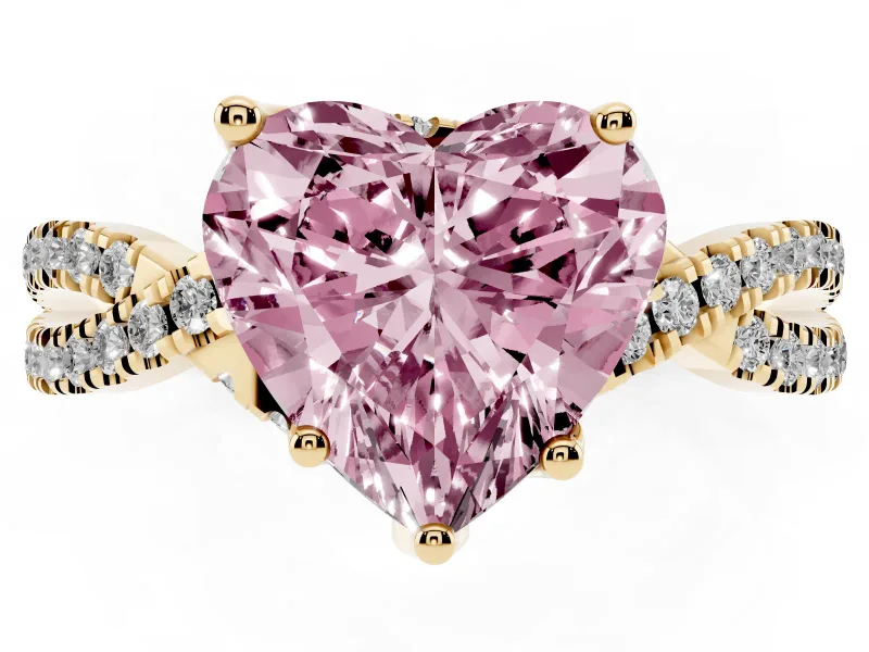 Heart-Shaped Twisted Pave Engagement Ring Setting for a Fancy Pink Lab-Grown Diamond | Split Shank | Yellow Gold