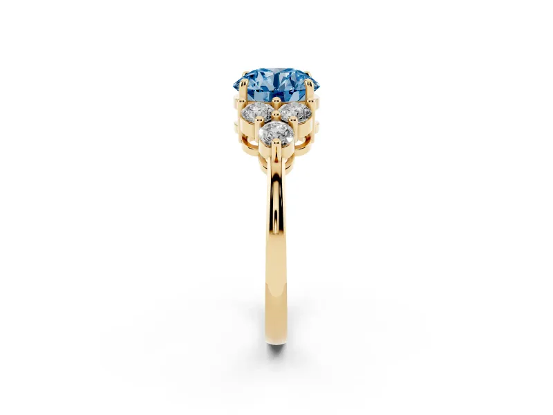 Round Cluster Side Stone Engagement Ring Setting for a Fancy Blue Lab-Grown Diamond | Yellow Gold