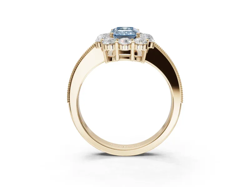 Emerald Cut Vintage Halo Engagement Ring Setting for a Fancy Blue Lab-Grown Diamond | Yellow Gold