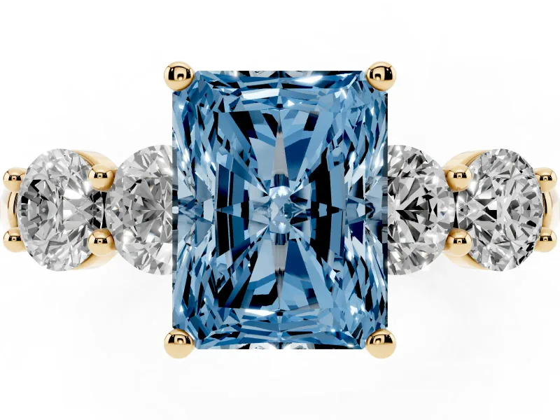 Radiant Cut Five Stone Engagement Ring Setting for a Fancy Blue Lab-Grown Diamond | Prong Set Side Stones | Yellow Gold