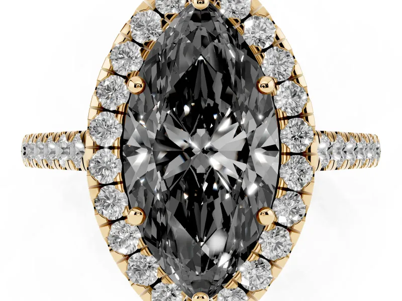 Marquise Halo Engagement Ring Setting for a Black Center | Pavé Shoulders | Yellow Gold