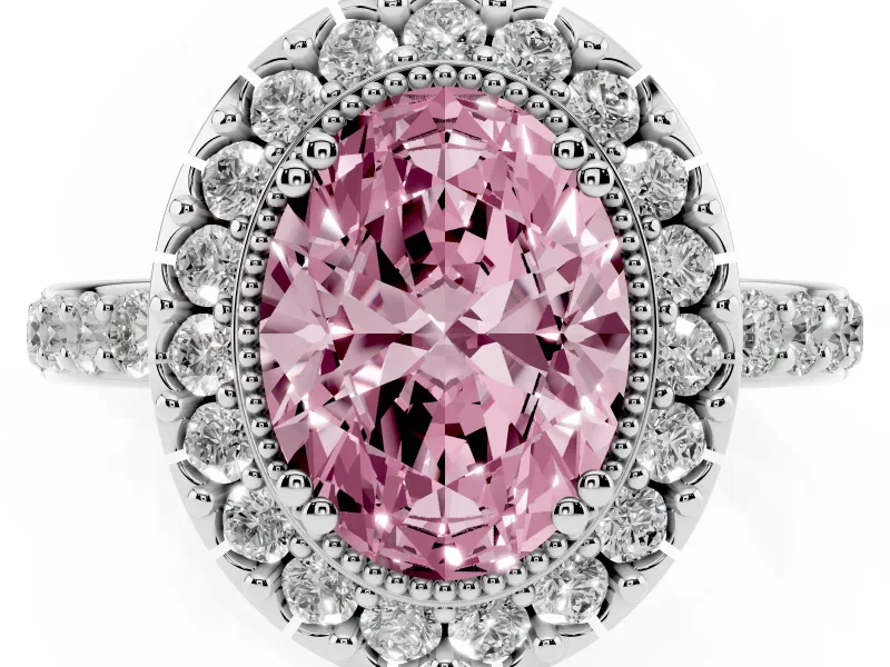 Fancy Pink Oval Cut Diamond Halo Ring Set in Platinum with Pavé Shank and Prong Setting