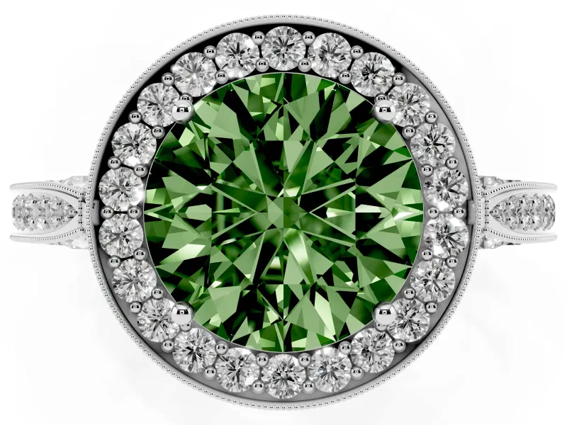 Round Milgrain Halo Engagement Ring Setting for a Fancy Green Lab-Grown Diamond | Side Stones | Platinum