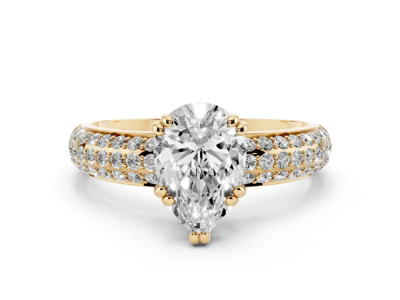 Pear Cut Diamond Solitaire Ring Set in Yellow gold with Multi-Row Round Pavé Band and Prong Setting