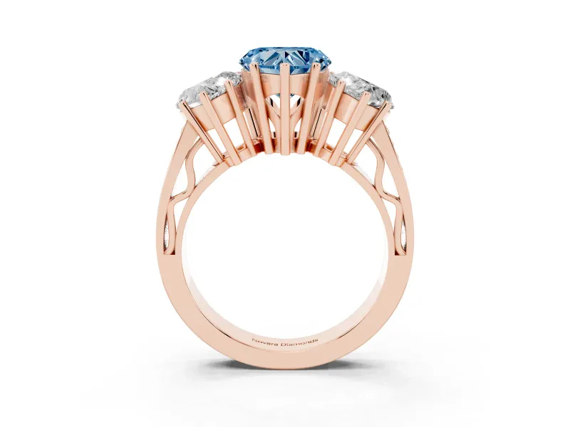 Heart-Shaped Three Stone Engagement Ring Setting for a Fancy Blue Lab-Grown Diamond | Beaded Shoulders | Rose Gold