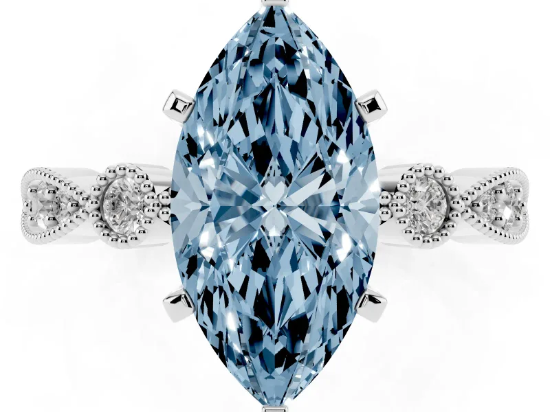 Fancy Blue Marquise Cut Diamond Solitaire Engagement Ring Set in Silver with Milgrain Bezel Accent Band
