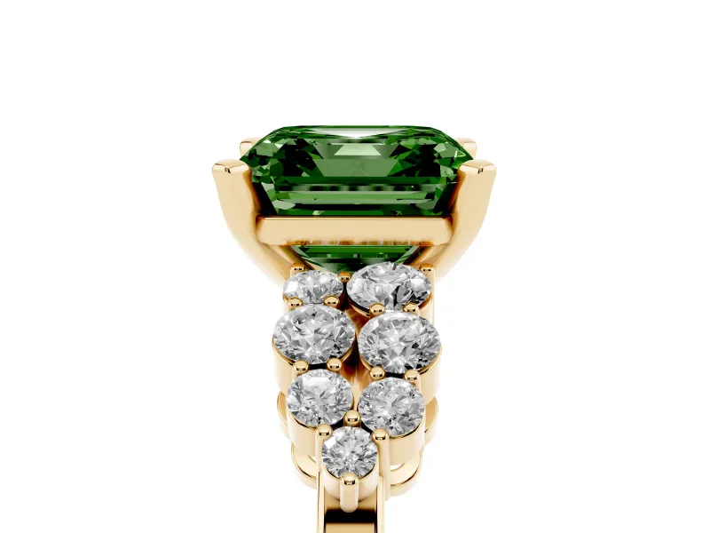 Asscher Cut Side Stone Engagement Ring Setting for a Fancy Green Lab-Grown Diamond | Shoulder Clusters | Yellow Gold