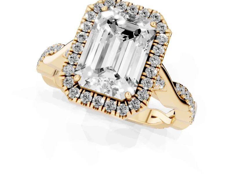 Emerald Cut Halo Engagement Ring Setting | Pavé Twist Band | Yellow Gold