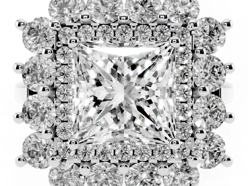 Princess Cut Floral Double Halo Engagement Ring Setting | Plain Band | Sterling Silver