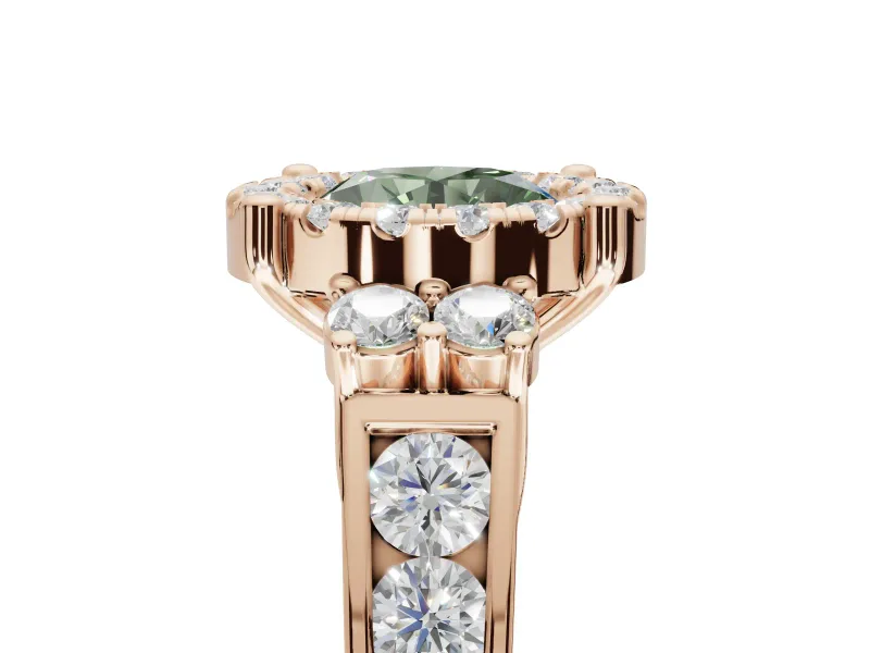 Round Halo Engagement Ring Setting for a Fancy Green Lab-Grown Diamond | Side Clusters | Rose Gold