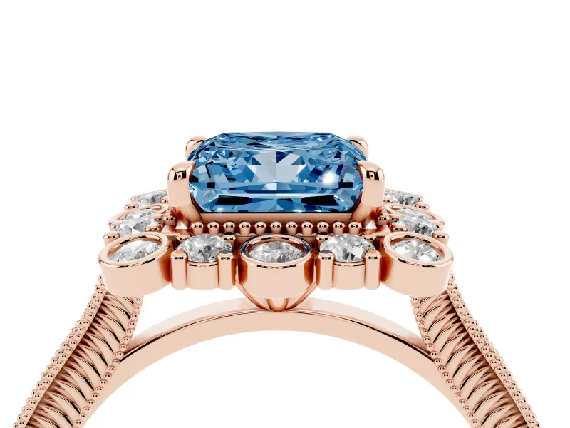 Fancy Blue Princess Cut Diamond Halo Milgrain Pavé Ring Set in Rose gold with Prong Setting