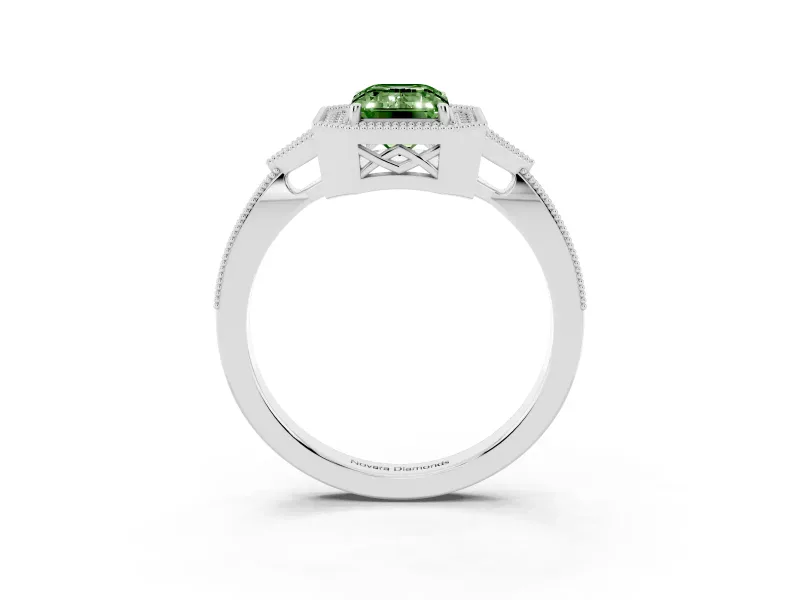 Fancy Green Emerald Cut Diamond Halo Engagement Ring Set in Silver with Milgrain Pavé Band