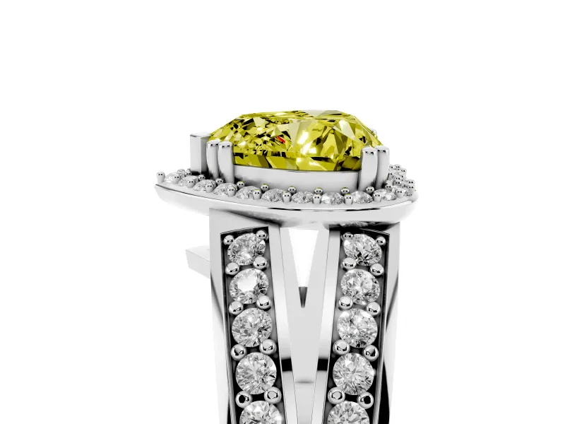 Fancy Yellow Heart Cut Diamond Halo Ring Set in Platinum with Double Pavé Split Shank